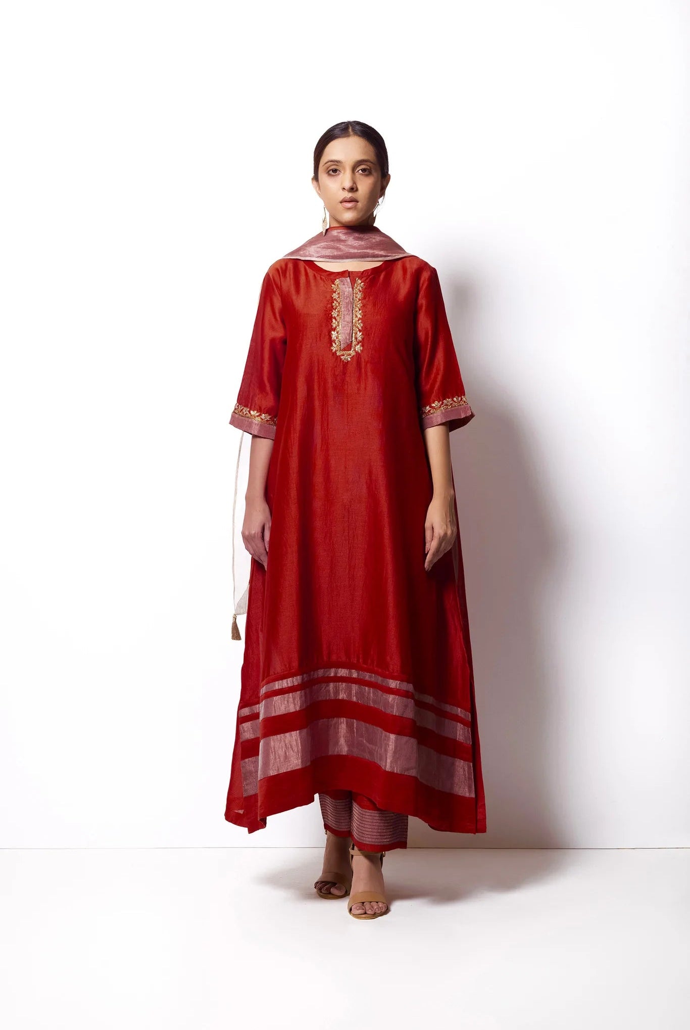 Crimson Red Chanderi Silk Kurta Set with Dupatta - CiceroniBhavik Shah