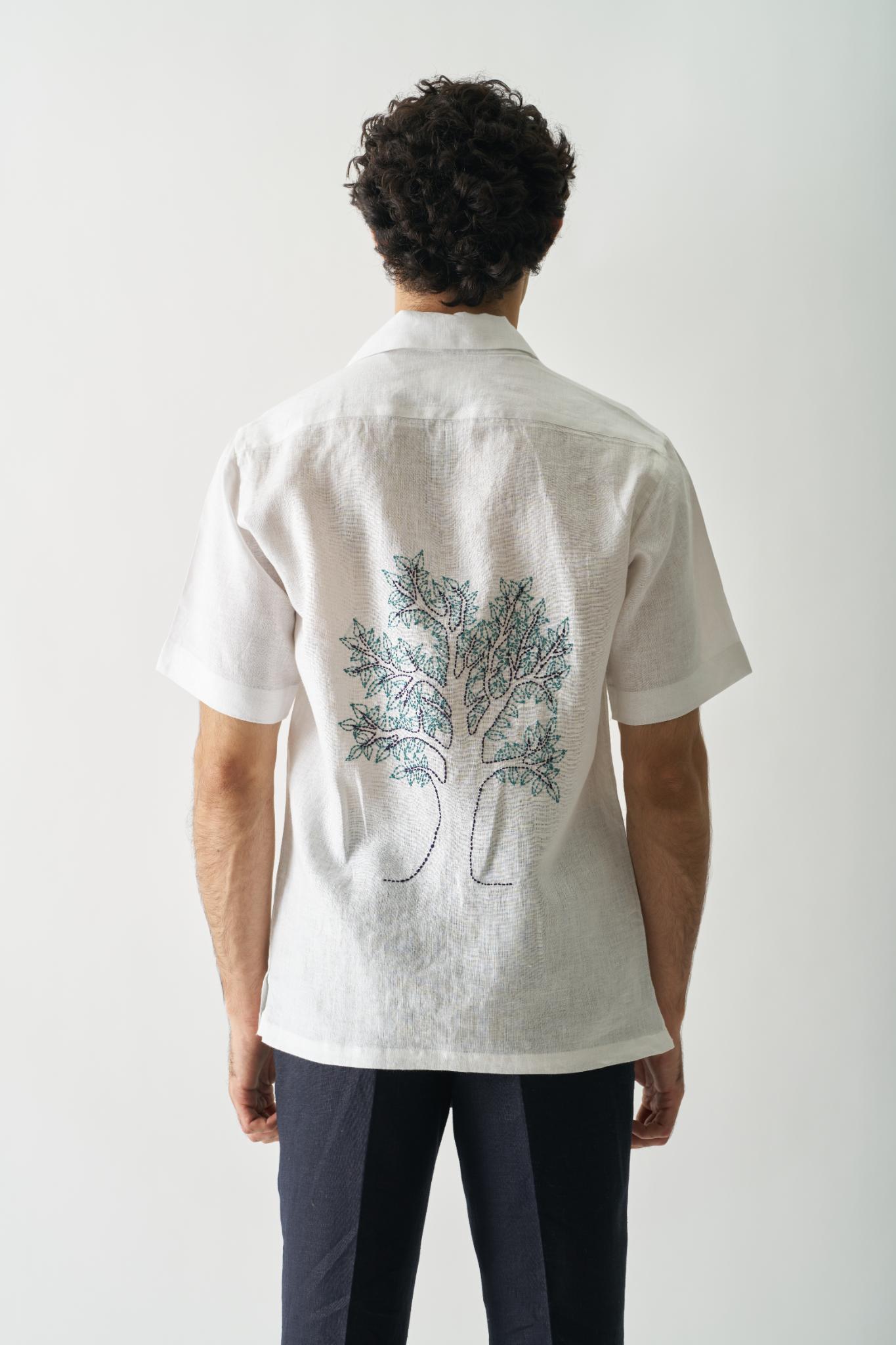 Deer Under Giant Oak - Mens Hand Embroidered Pure Linen Shirt - CiceroniShirtsCultura Studio