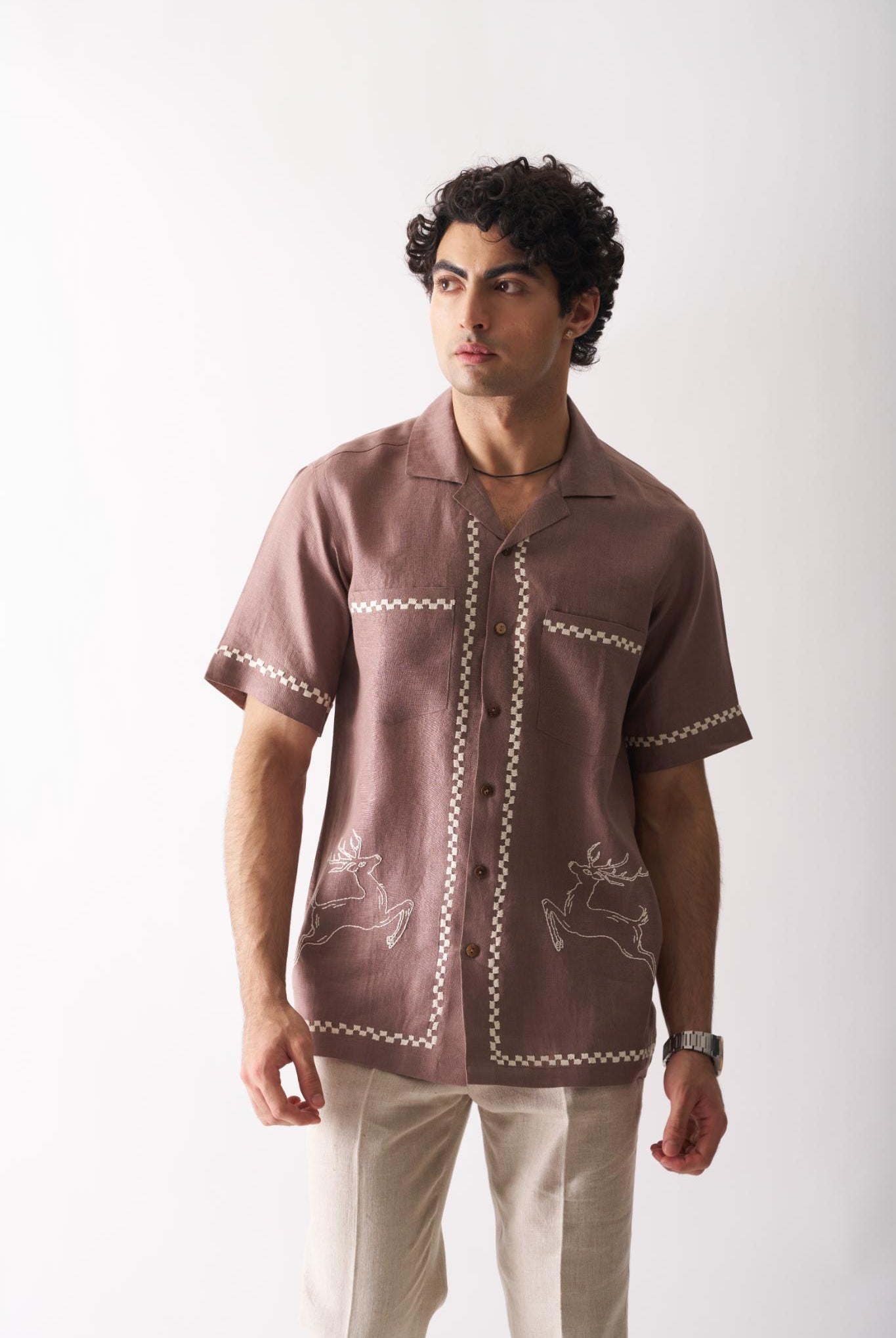 Deer's Delight - Mens Hand Embroidered Pure Linen Shirt - CiceroniShirtsCultura Studio