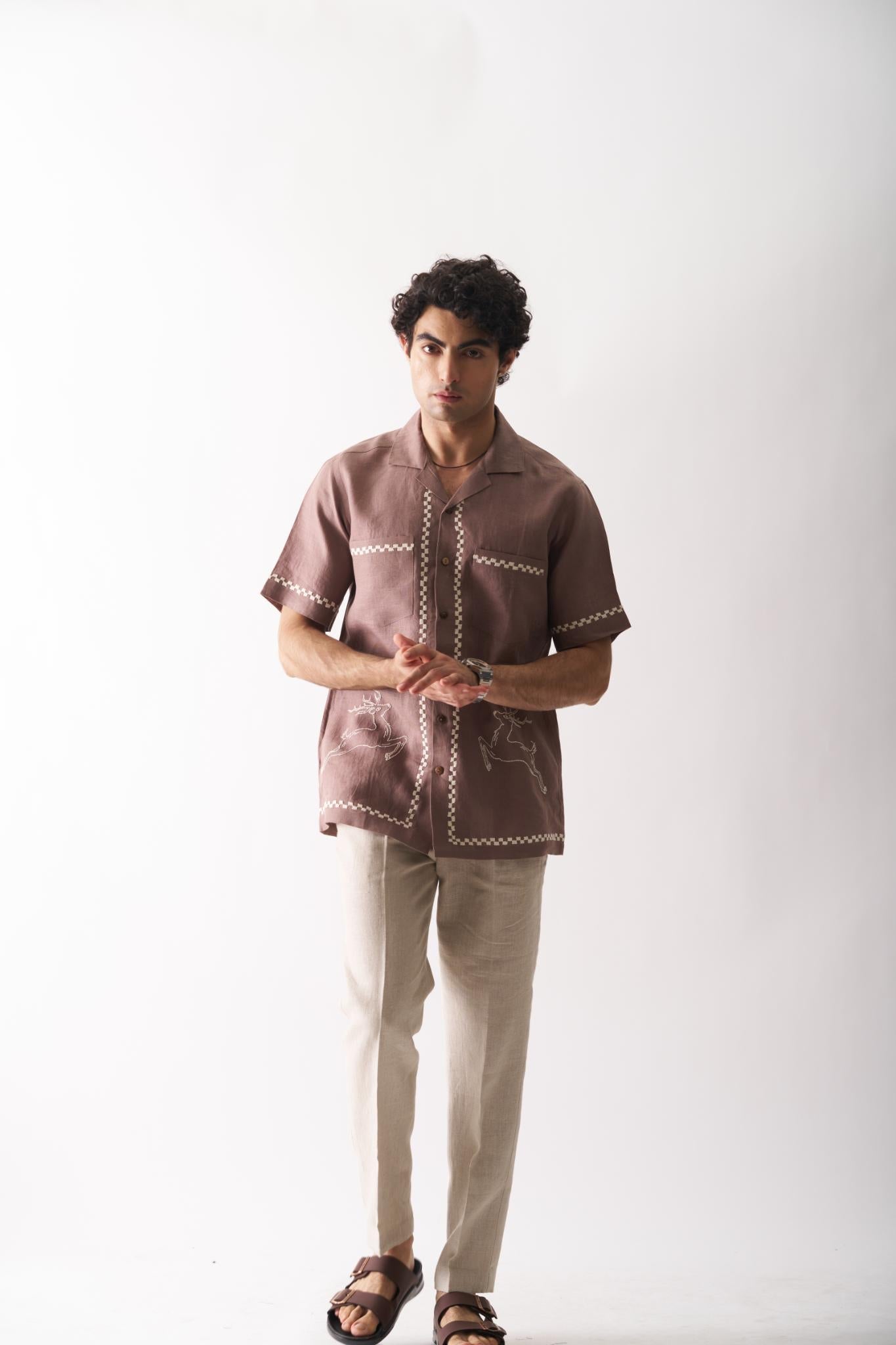 Deer's Delight - Mens Hand Embroidered Pure Linen Shirt - CiceroniShirtsCultura Studio