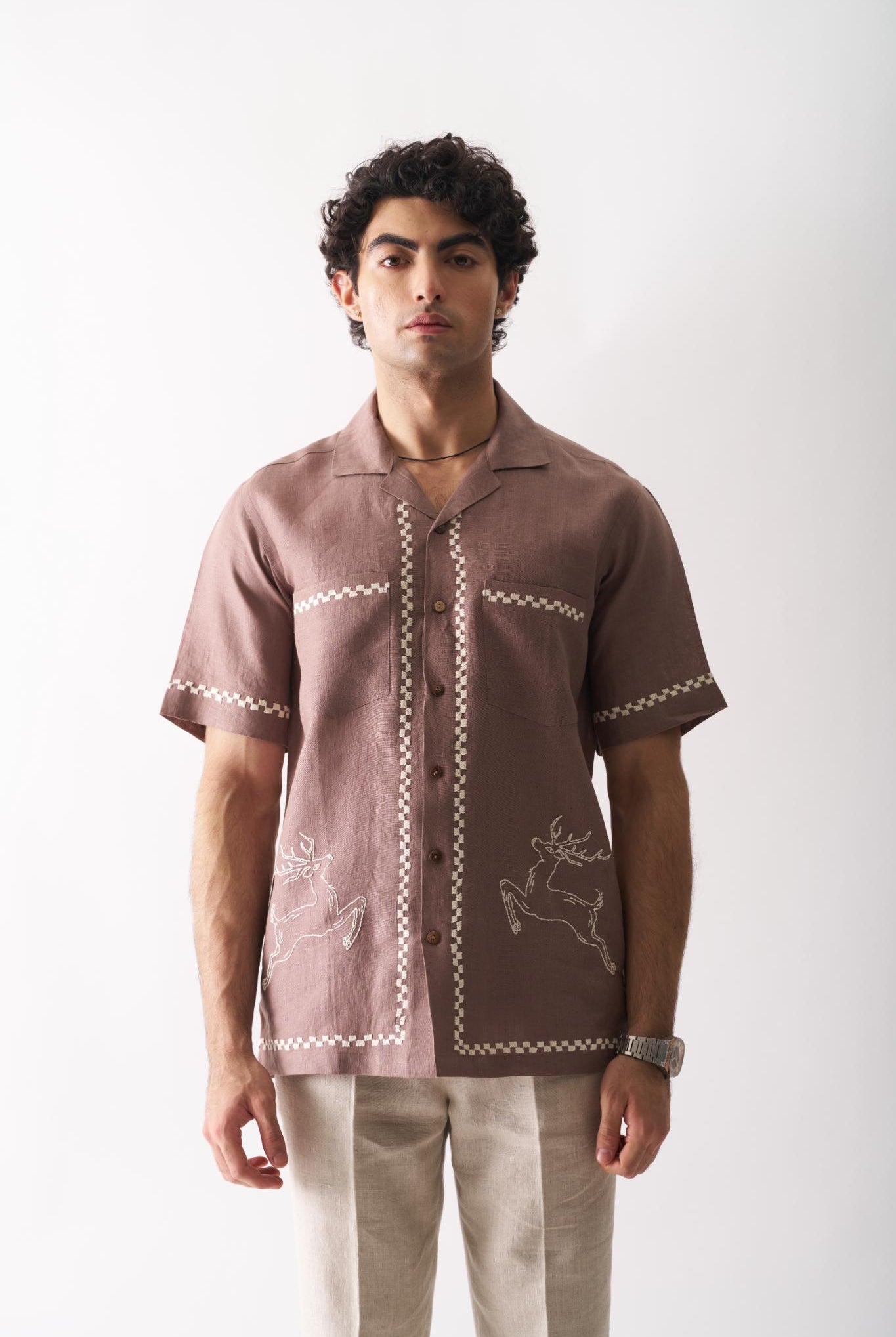 Deer's Delight - Mens Hand Embroidered Pure Linen Shirt - CiceroniShirtsCultura Studio