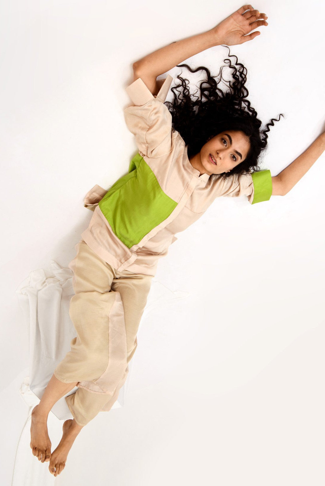 Ecru-Green Blocked Co-ord Set - CiceroniNeora