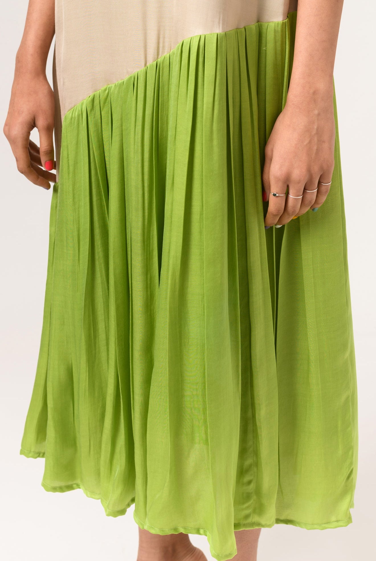 Ecru-Green Gather Dress - CiceroniNeora