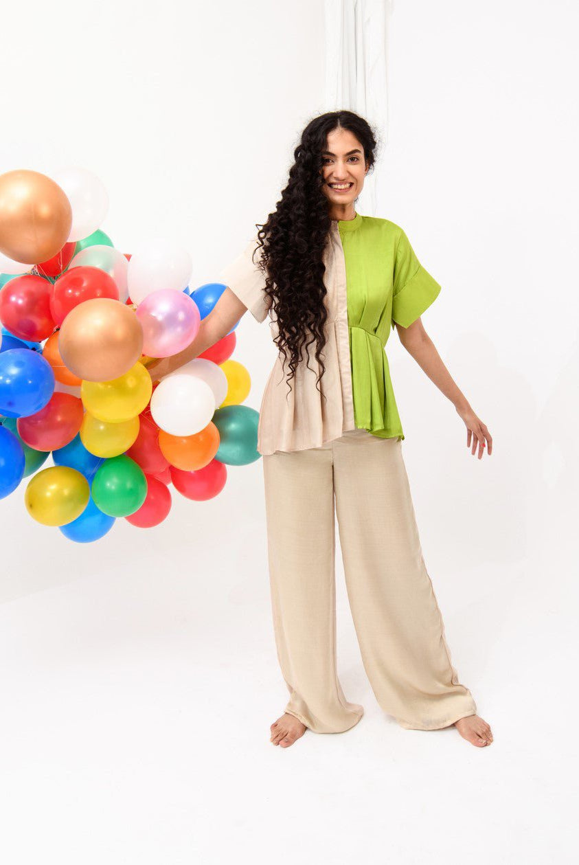 Ecru-Green Half-Half Co-ord Set - CiceroniNeora