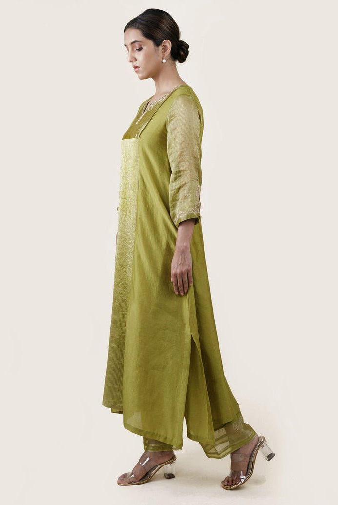 Fresh Green Tissue Stripes/Chanderi Silk - A-line Kurta Set - CiceroniBhavik Shah