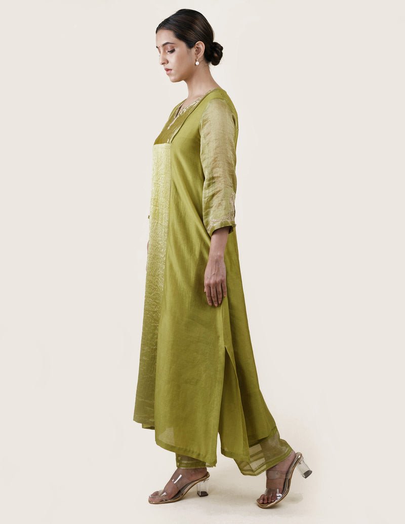 Fresh Green Tissue Stripes/Chanderi Silk - A-line Kurta Set - CiceroniBhavik Shah