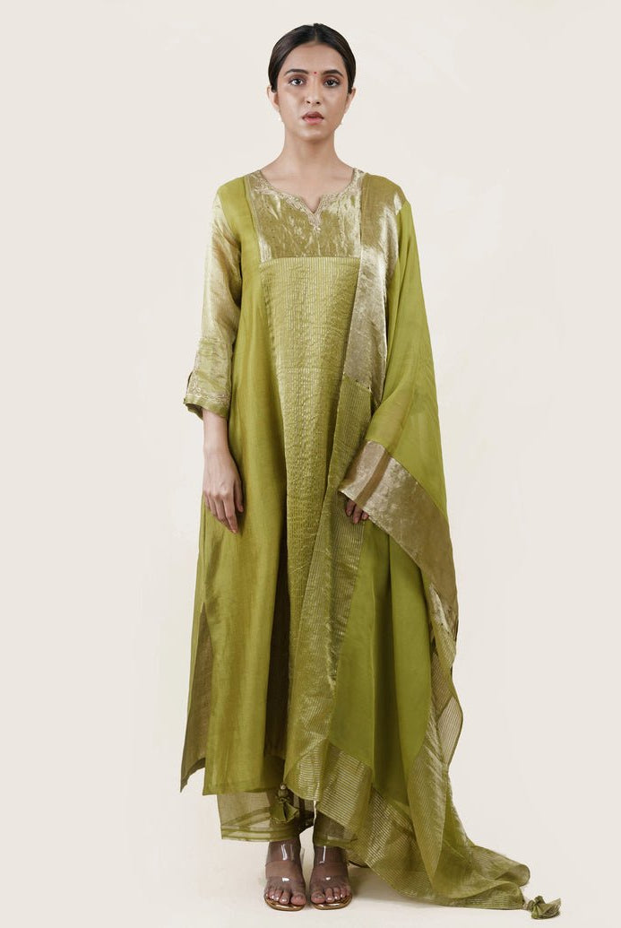 Fresh Green Tissue Stripes/Chanderi Silk - A-line Kurta Set - CiceroniBhavik Shah