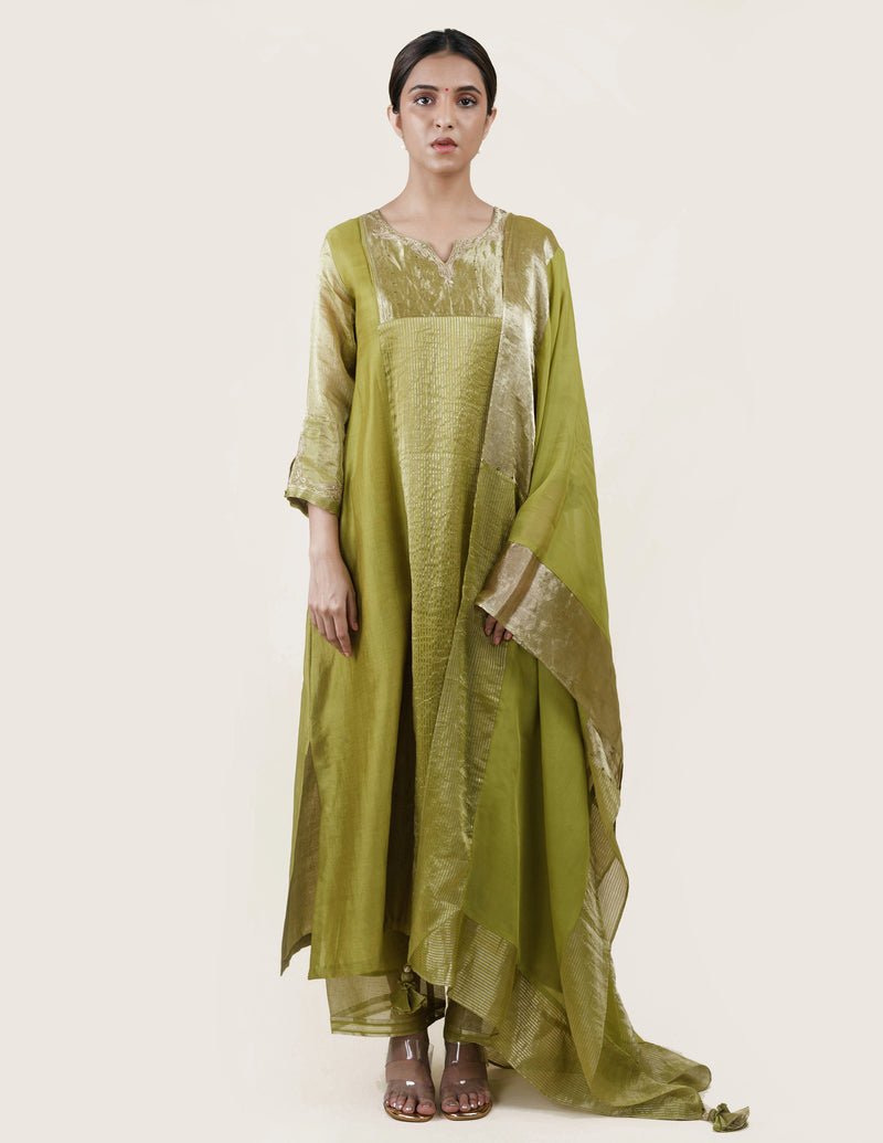 Fresh Green Tissue Stripes/Chanderi Silk - A-line Kurta Set - CiceroniBhavik Shah
