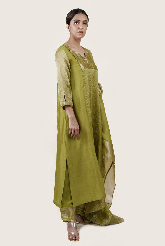 Fresh Green Tissue Stripes/Chanderi Silk - A-line Kurta Set - CiceroniBhavik Shah
