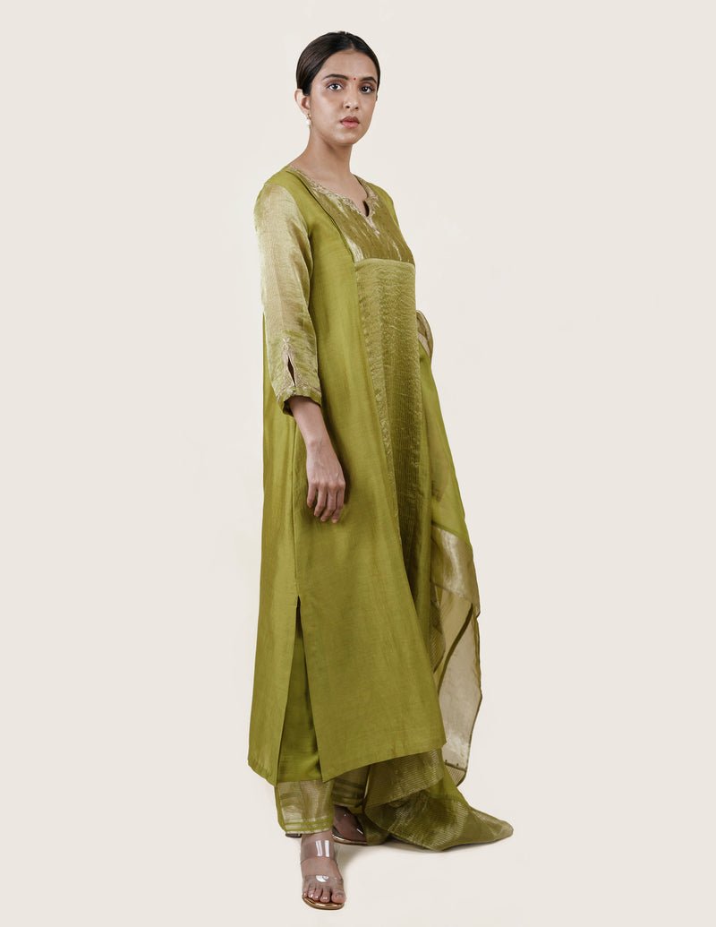 Fresh Green Tissue Stripes/Chanderi Silk - A-line Kurta Set - CiceroniBhavik Shah