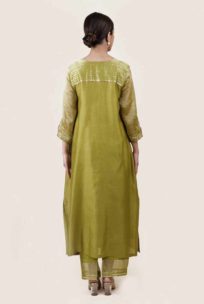 Fresh Green Tissue Stripes/Chanderi Silk - A-line Kurta Set - CiceroniBhavik Shah