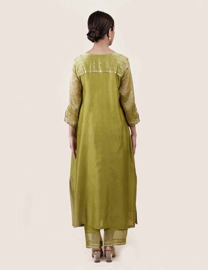 Fresh Green Tissue Stripes/Chanderi Silk - A-line Kurta Set - CiceroniBhavik Shah
