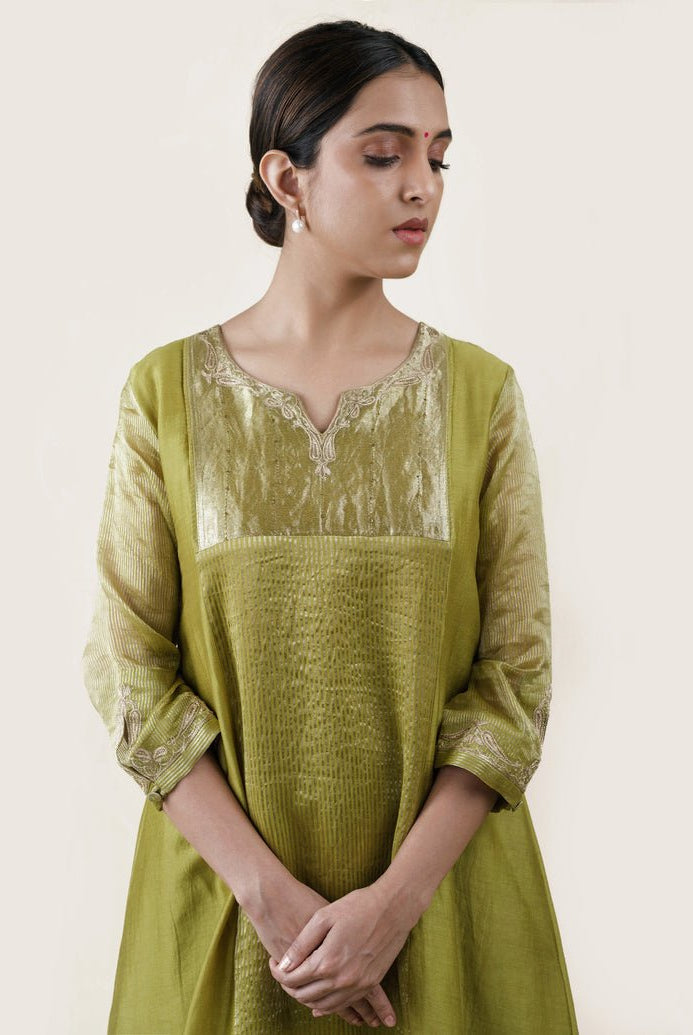 Fresh Green Tissue Stripes/Chanderi Silk - A-line Kurta Set - CiceroniBhavik Shah