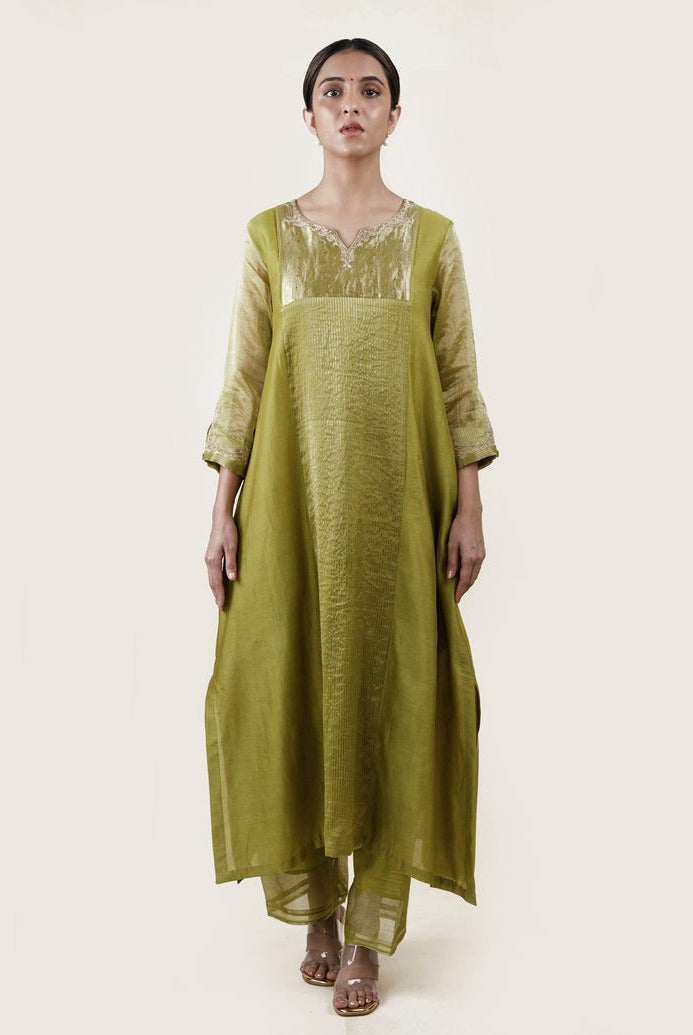 Fresh Green Tissue Stripes/Chanderi Silk - A-line Kurta Set - CiceroniBhavik Shah