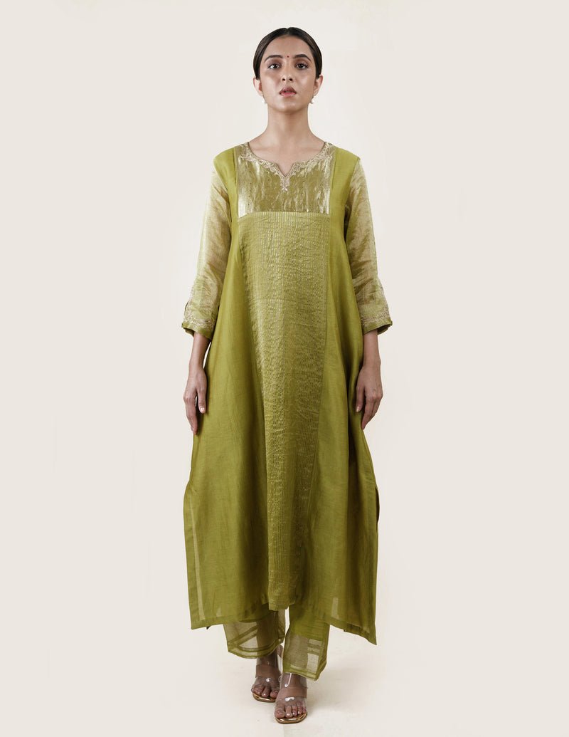 Fresh Green Tissue Stripes/Chanderi Silk - A-line Kurta Set - CiceroniBhavik Shah