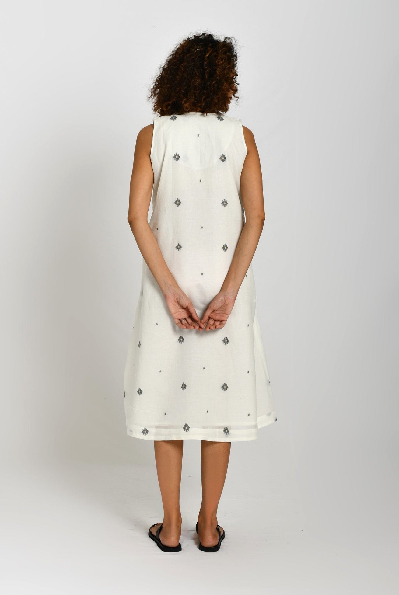 Front Flare Jamdani A- Line Dress- White - CiceroniDressesHiranya