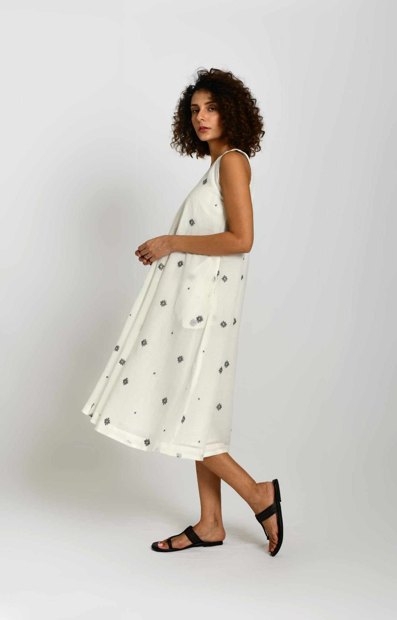Front Flare Jamdani A- Line Dress- White - CiceroniDressesHiranya