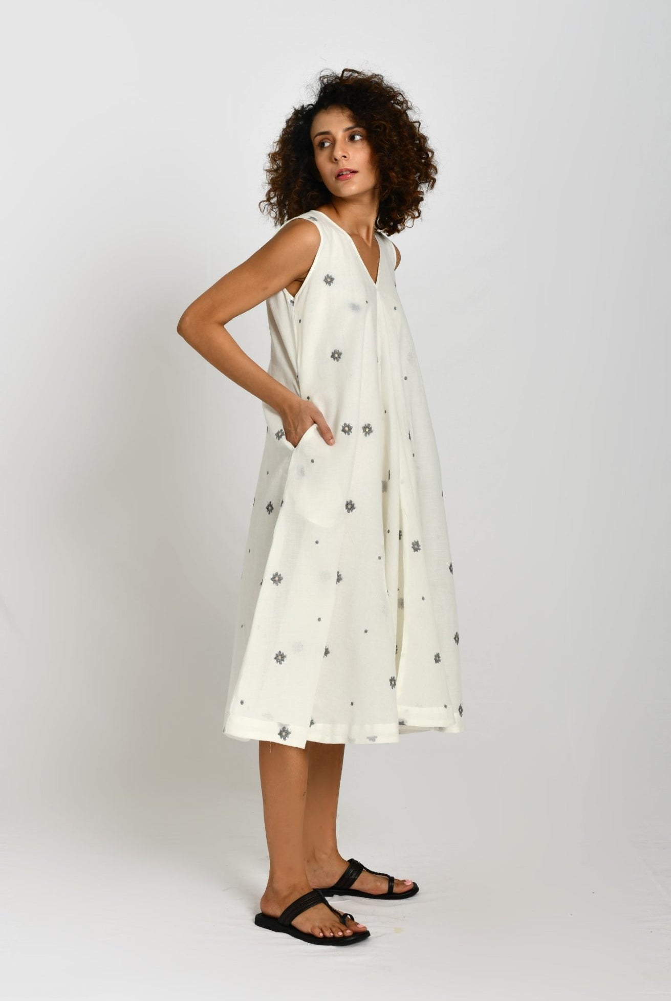 Front Flare Jamdani A- Line Dress- White - CiceroniDressesHiranya