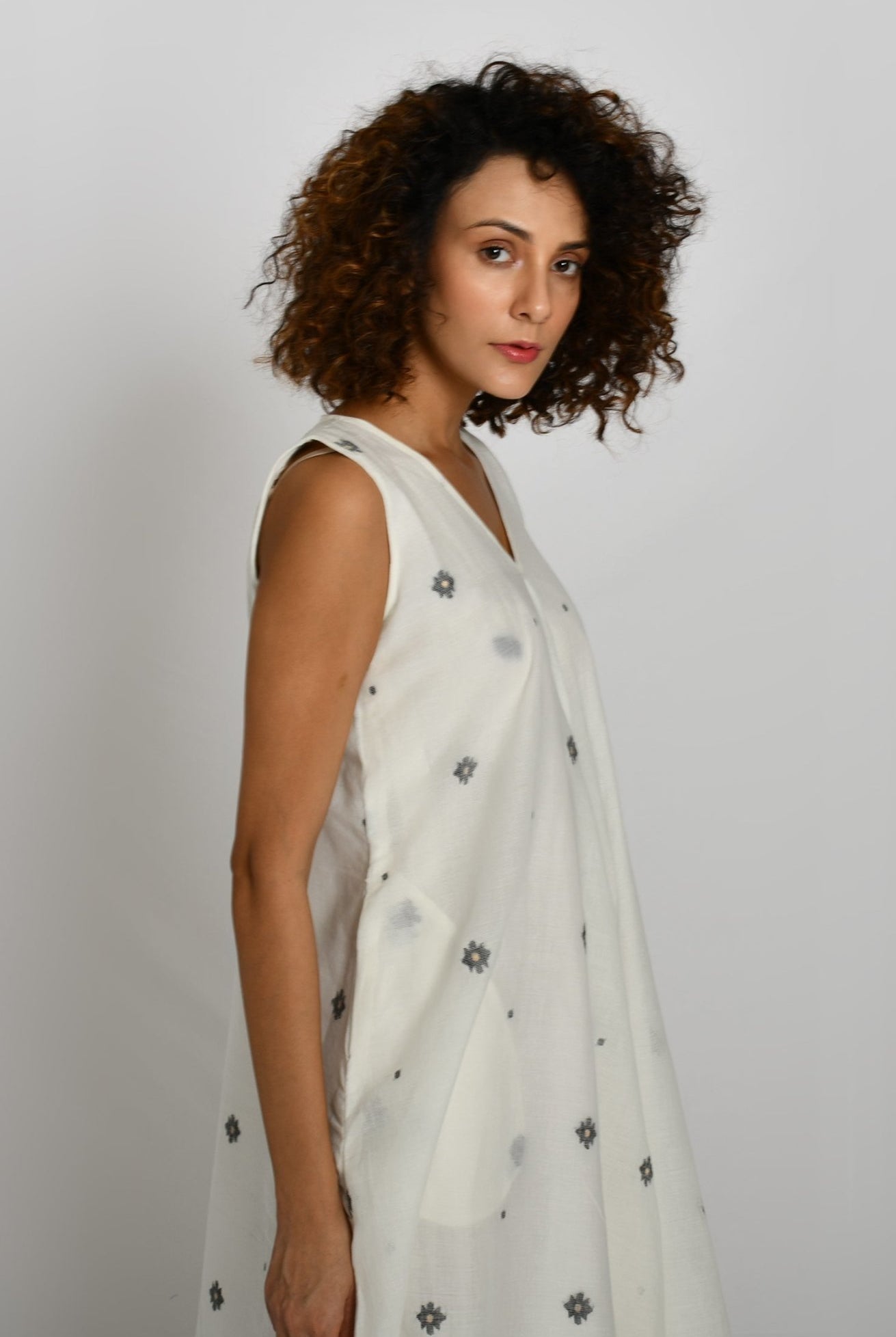 Front Flare Jamdani A- Line Dress- White - CiceroniDressesHiranya