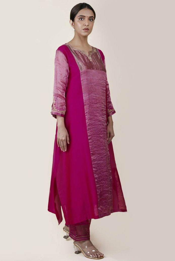 Fuchsia Pink Tissue Stripes/Chanderi Silk - A-line Kurta Set - CiceroniBhavik Shah