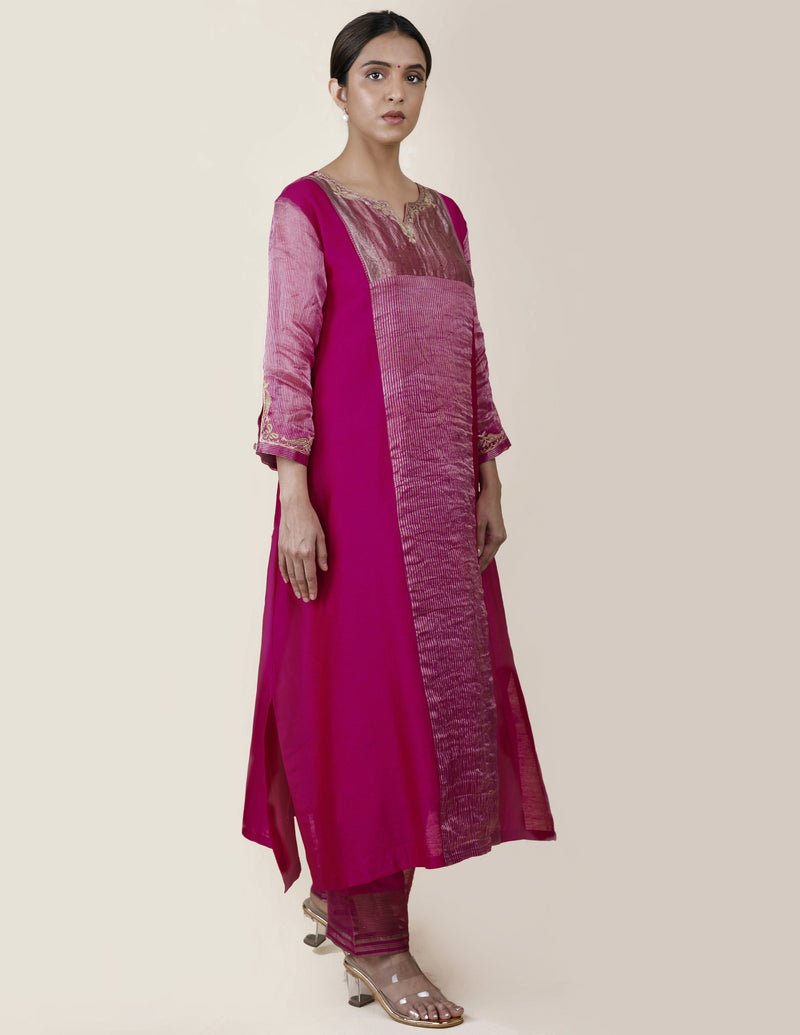 Fuchsia Pink Tissue Stripes/Chanderi Silk - A-line Kurta Set - CiceroniBhavik Shah