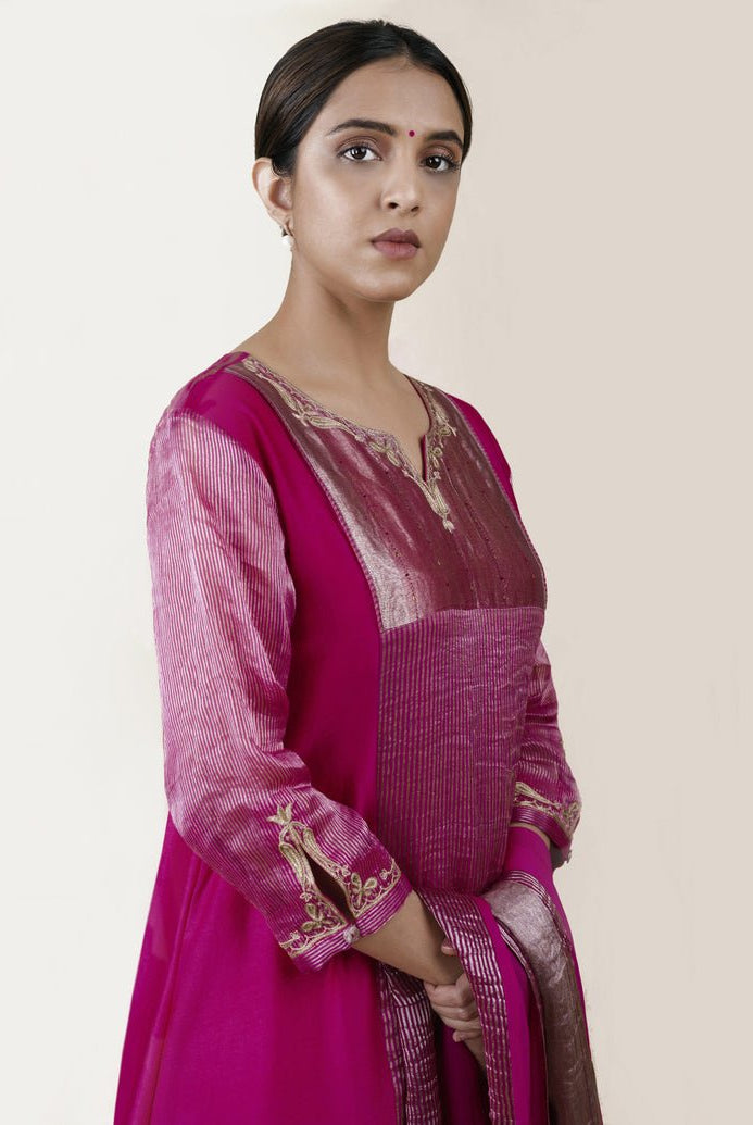 Fuchsia Pink Tissue Stripes/Chanderi Silk - A-line Kurta Set - CiceroniBhavik Shah