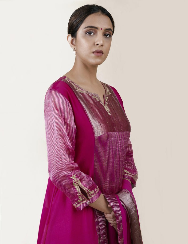 Fuchsia Pink Tissue Stripes/Chanderi Silk - A-line Kurta Set - CiceroniBhavik Shah