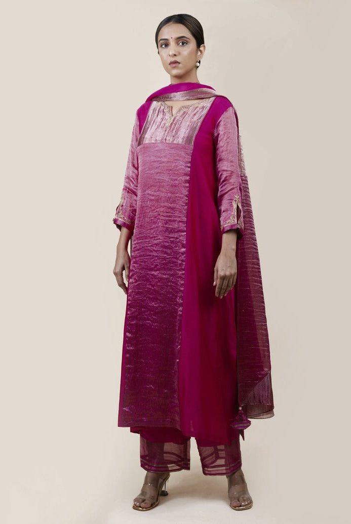 Fuchsia Pink Tissue Stripes/Chanderi Silk - A-line Kurta Set - CiceroniBhavik Shah
