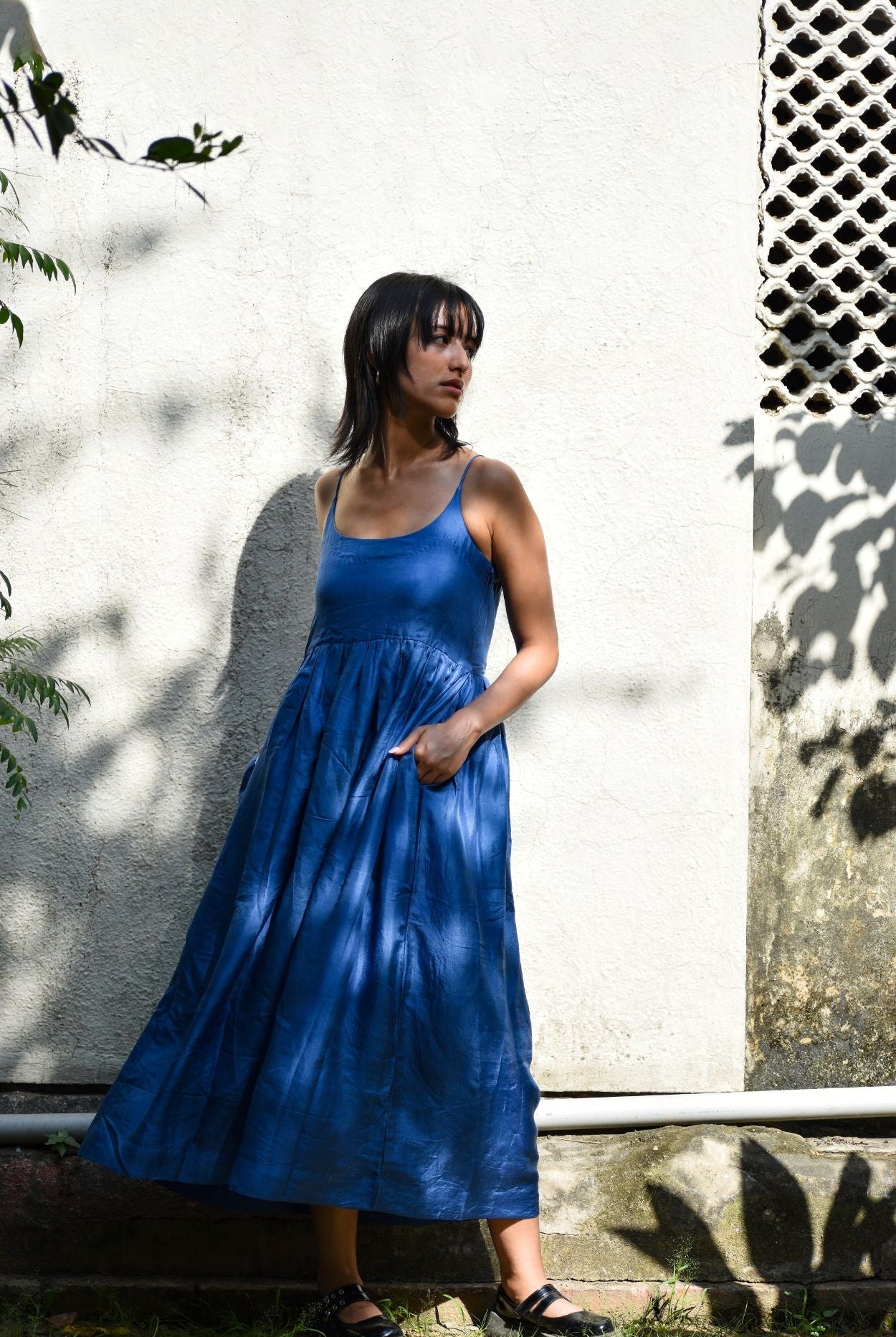Gathered Silk Dress-Medium indigo - CiceroniDresseswith N.