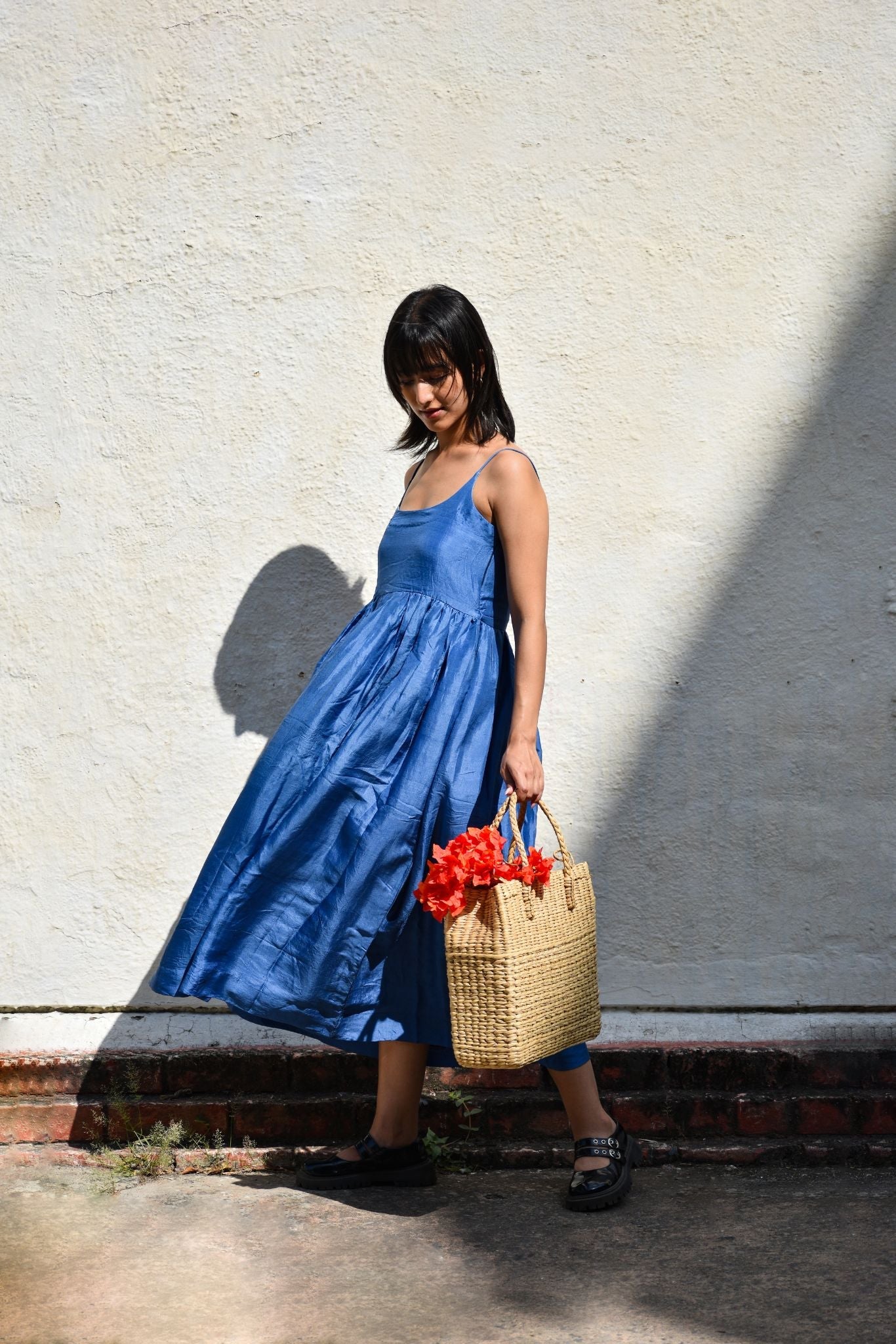 Gathered Silk Dress-Medium indigo - CiceroniDresseswith N.