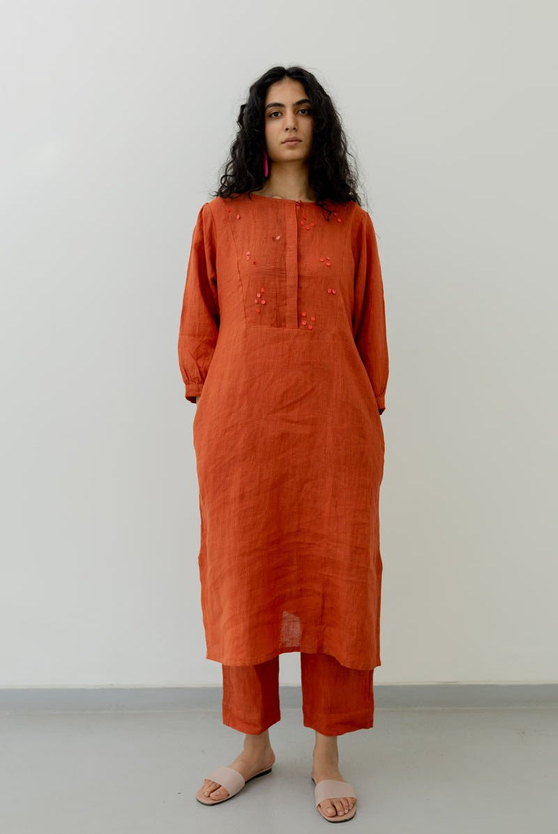 Ginger Orange Linen Kurta - CiceroniKurtaSilai Studio