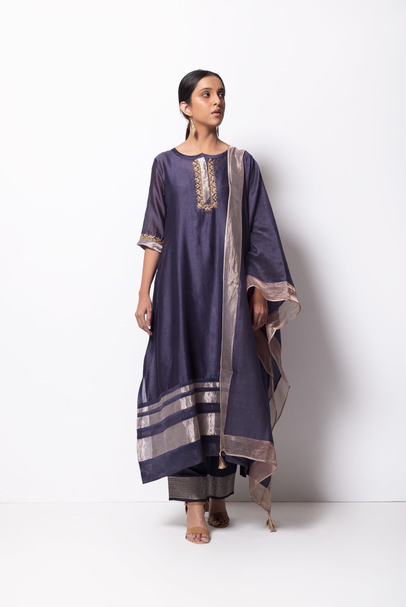 Grape Grey Chanderi Silk Kurta Set with Dupatta - CiceroniBhavik Shah