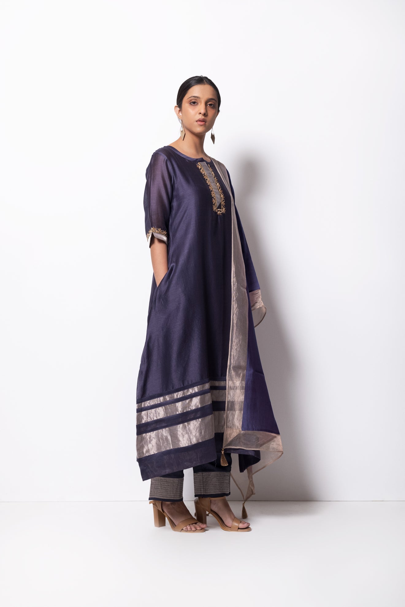 Grape Grey Chanderi Silk Kurta Set with Dupatta - CiceroniBhavik Shah