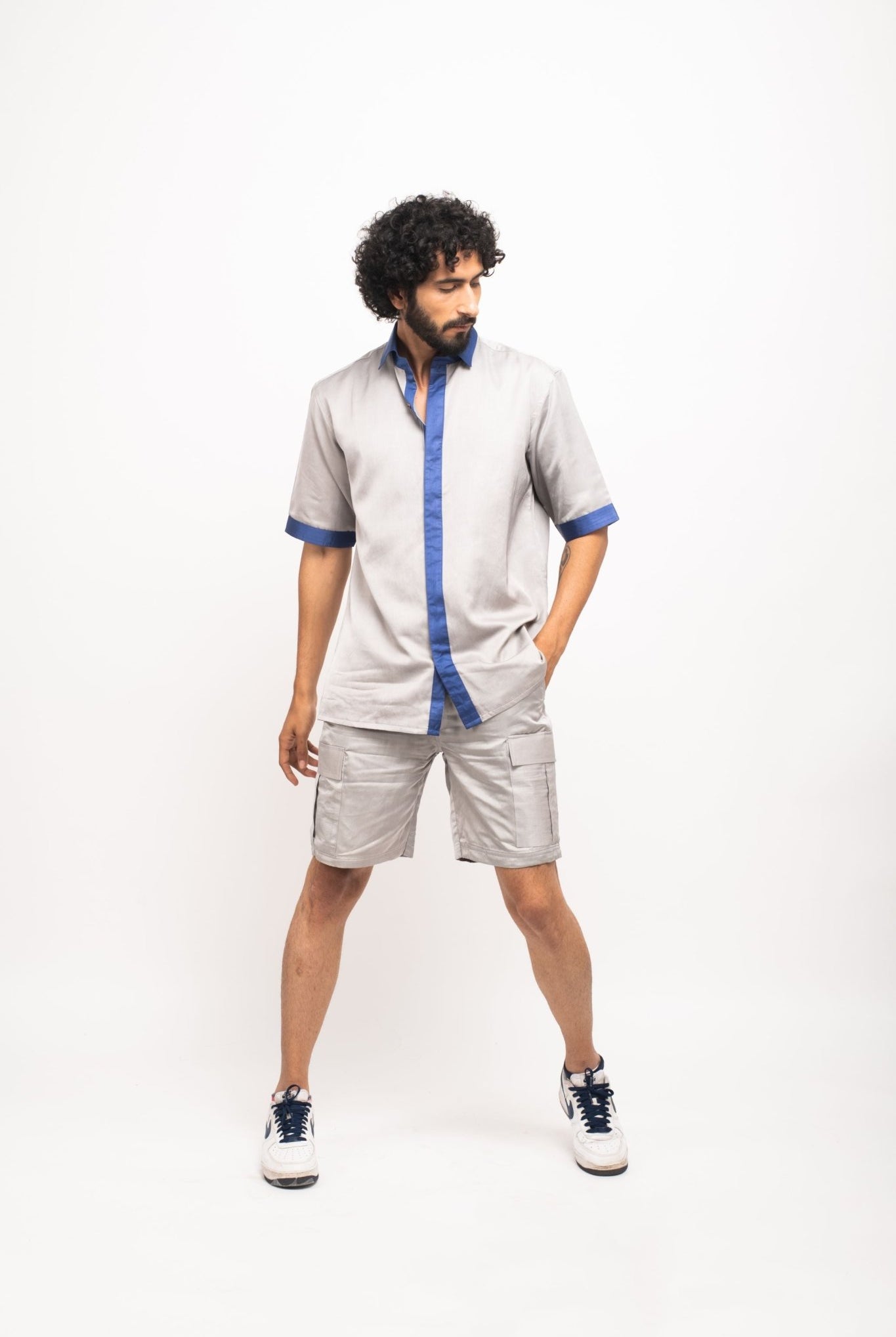 Grey-Blue Collar Colour Blocked Shirt - CiceroniNeora