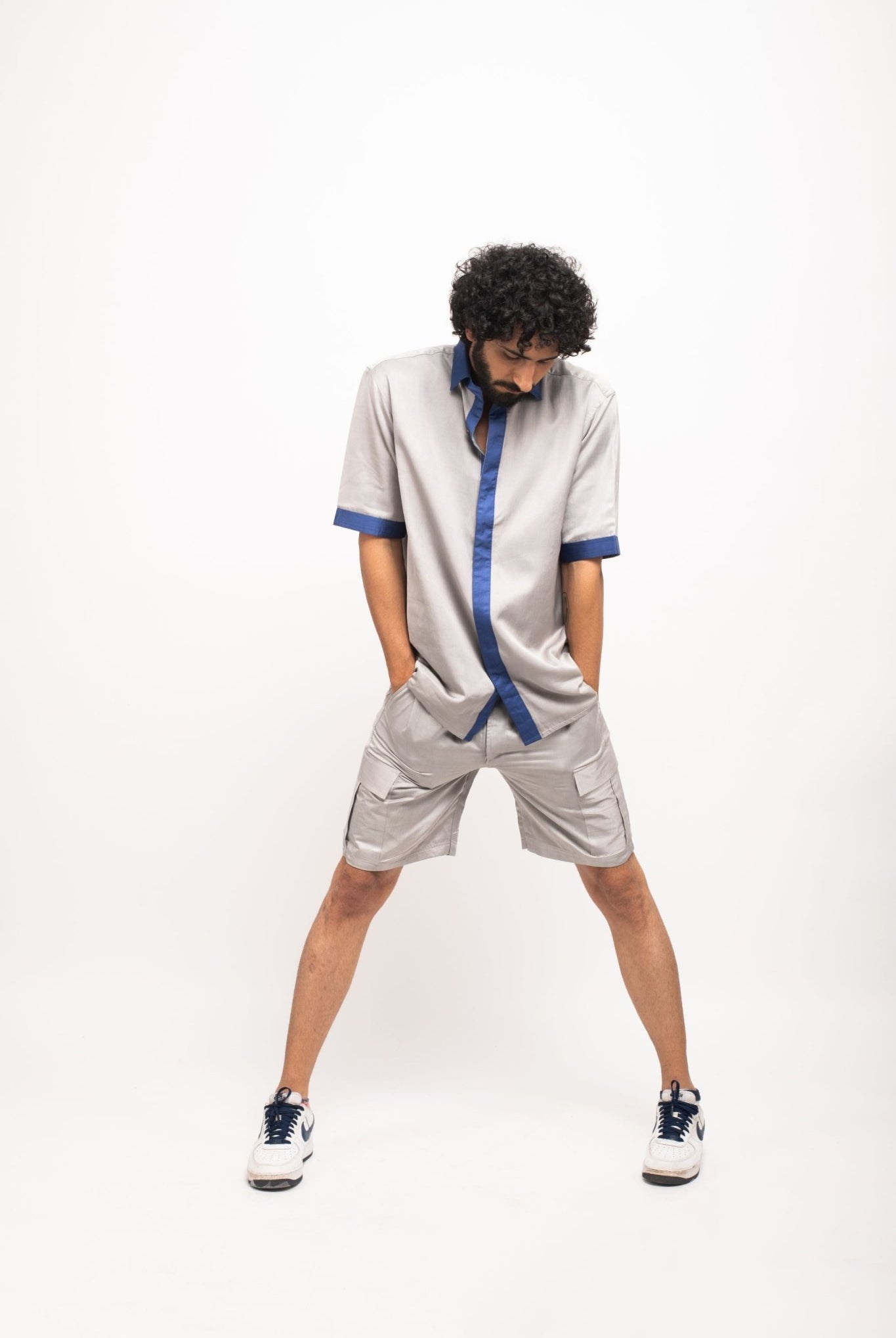 Grey-Blue Collar Colour Blocked Shirt - CiceroniNeora