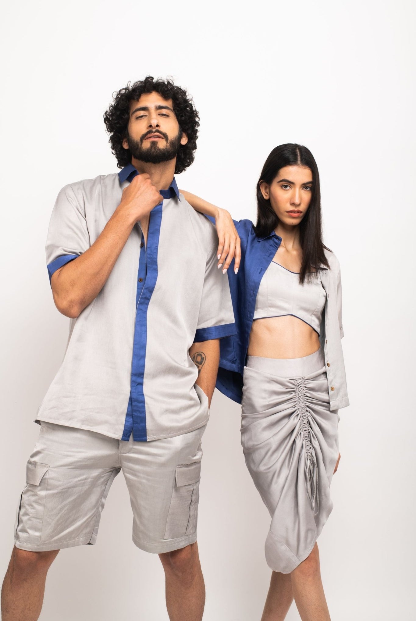 Grey-Blue Collar Colour Blocked Shirt - CiceroniNeora