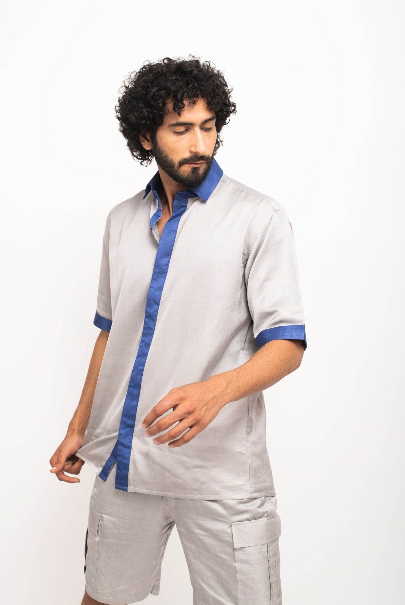 Grey-Blue Collar Colour Blocked Shirt - CiceroniNeora