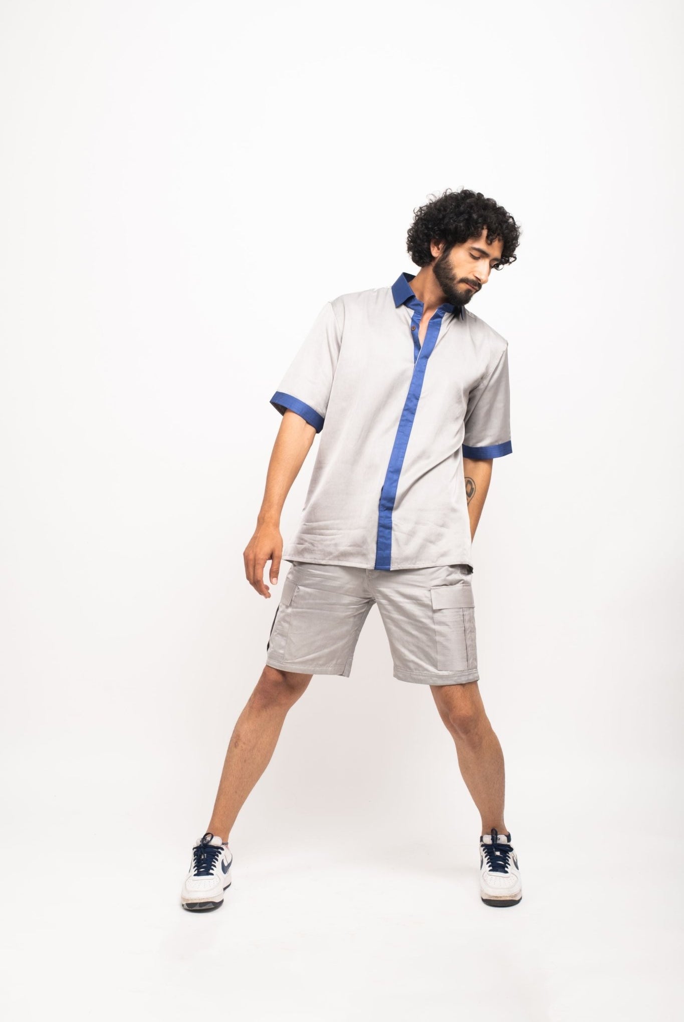 Grey-Blue Collar Colour Blocked Shirt - CiceroniNeora