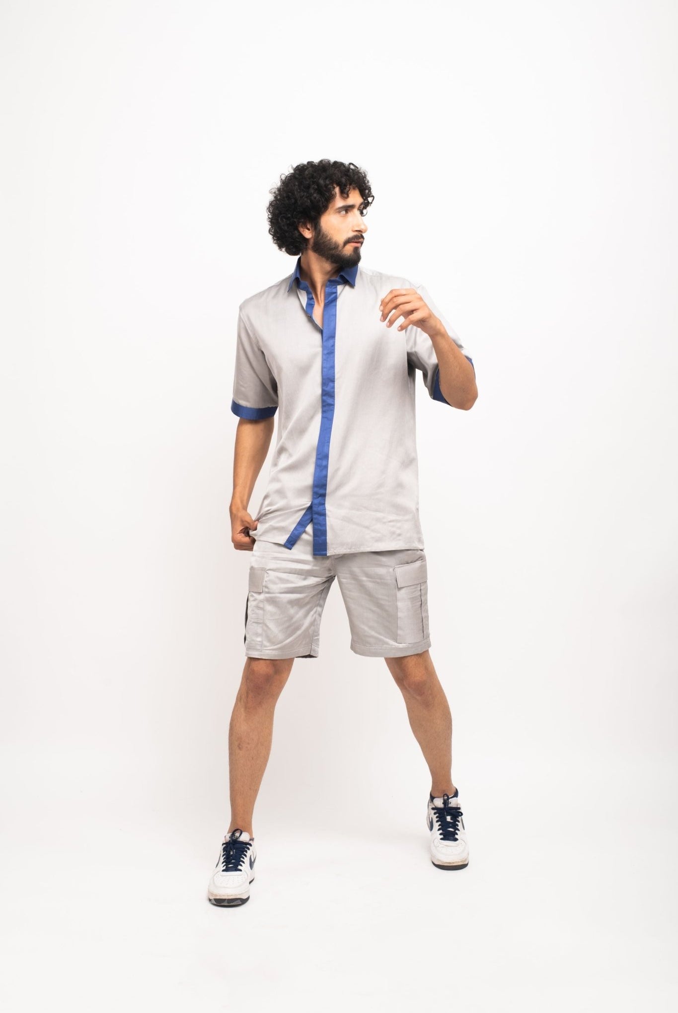 Grey-Blue Collar Colour Blocked Shirt - CiceroniNeora