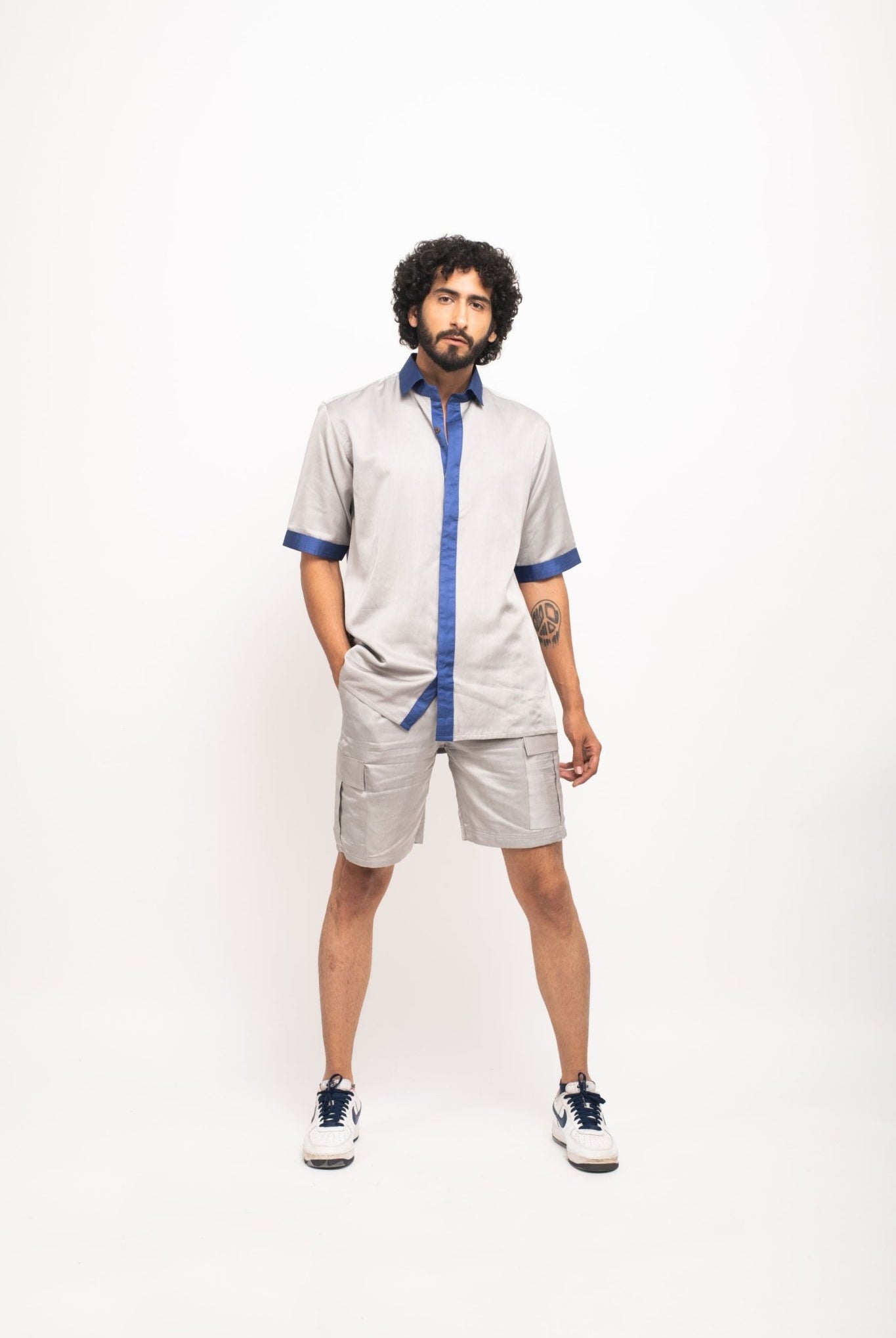 Grey-Blue Collar Colour Blocked Shirt - CiceroniNeora