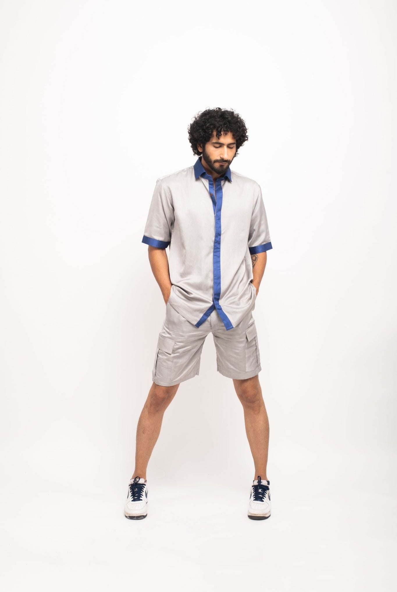 Grey-Blue Collar Colour Blocked Shirt - CiceroniNeora