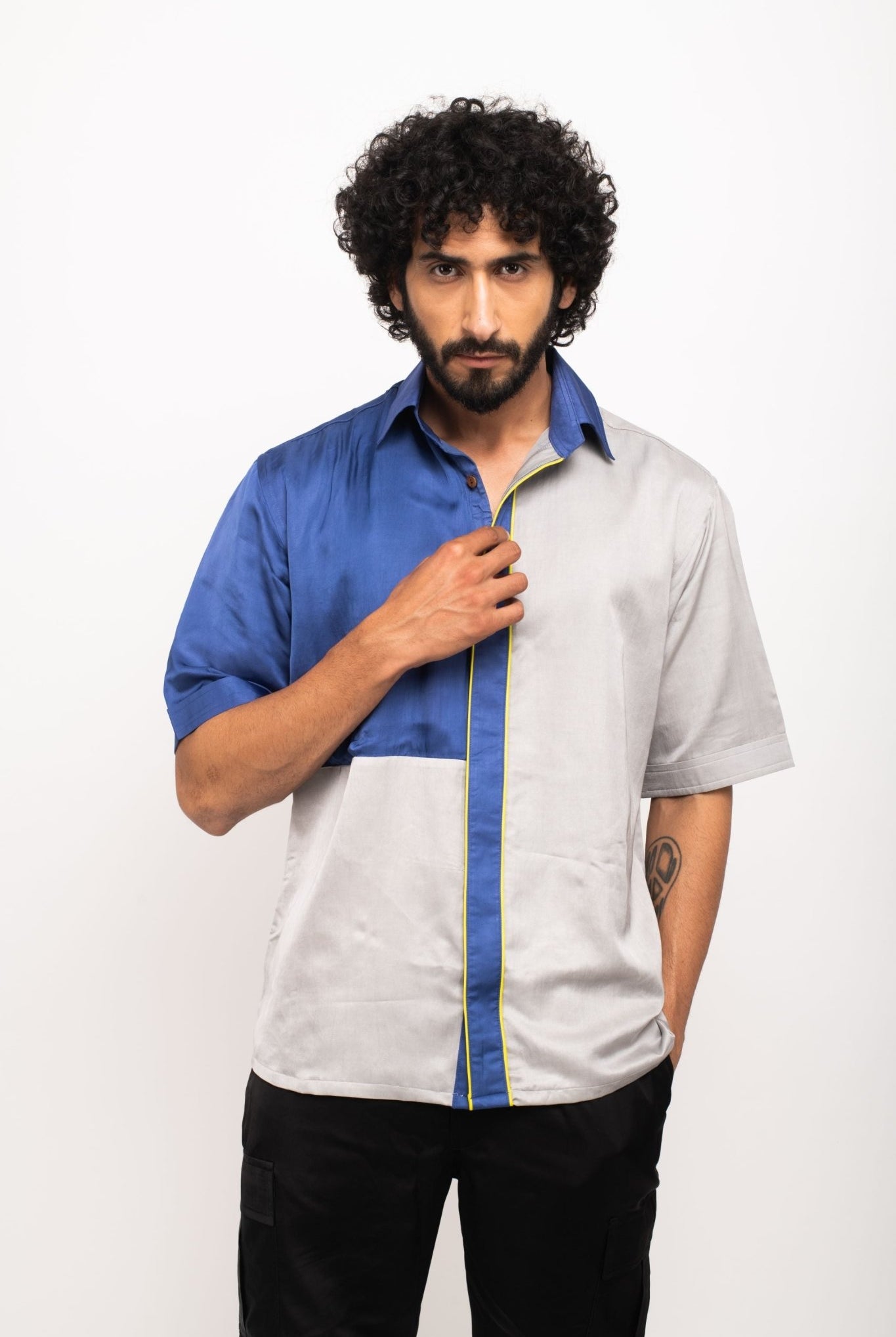 Grey-Blue Colour Blocked Shirt - CiceroniNeora