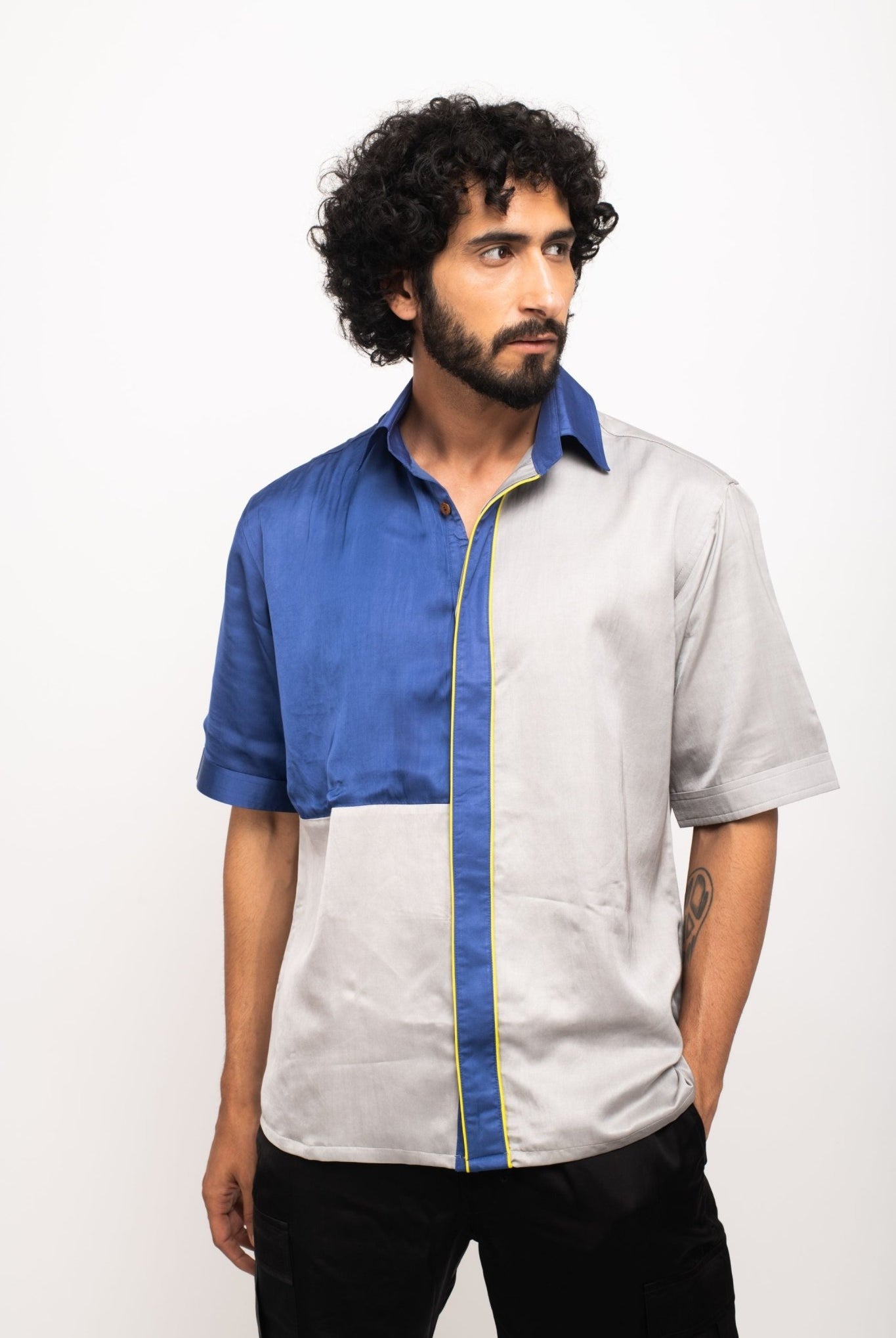 Grey-Blue Colour Blocked Shirt - CiceroniNeora
