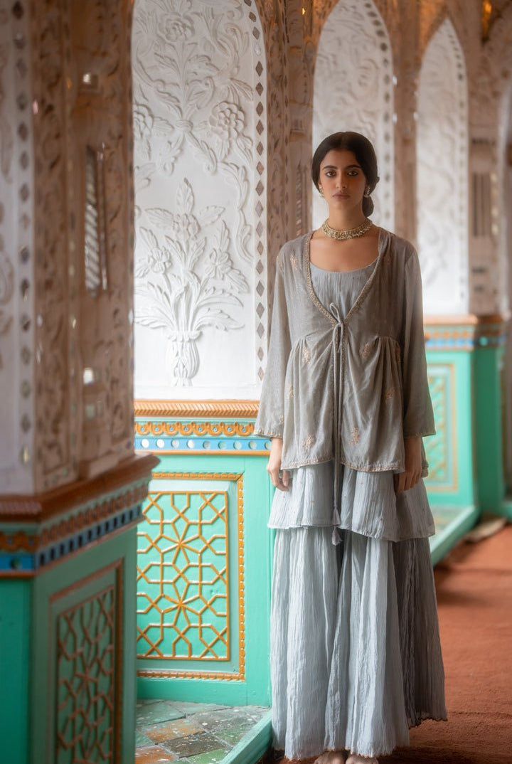 Grey Niloufer Gharara Set - Ciceronikurta set, Festive wearNirjara