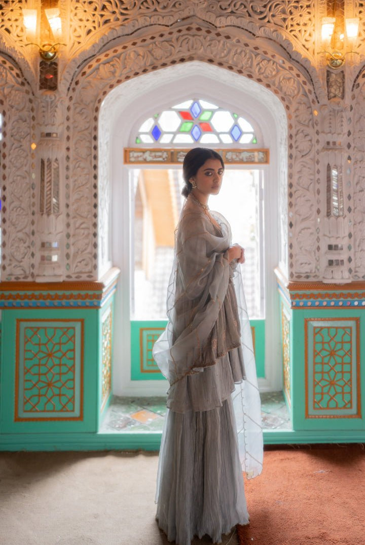 Grey Niloufer Gharara Set - Ciceronikurta set, Festive wearNirjara