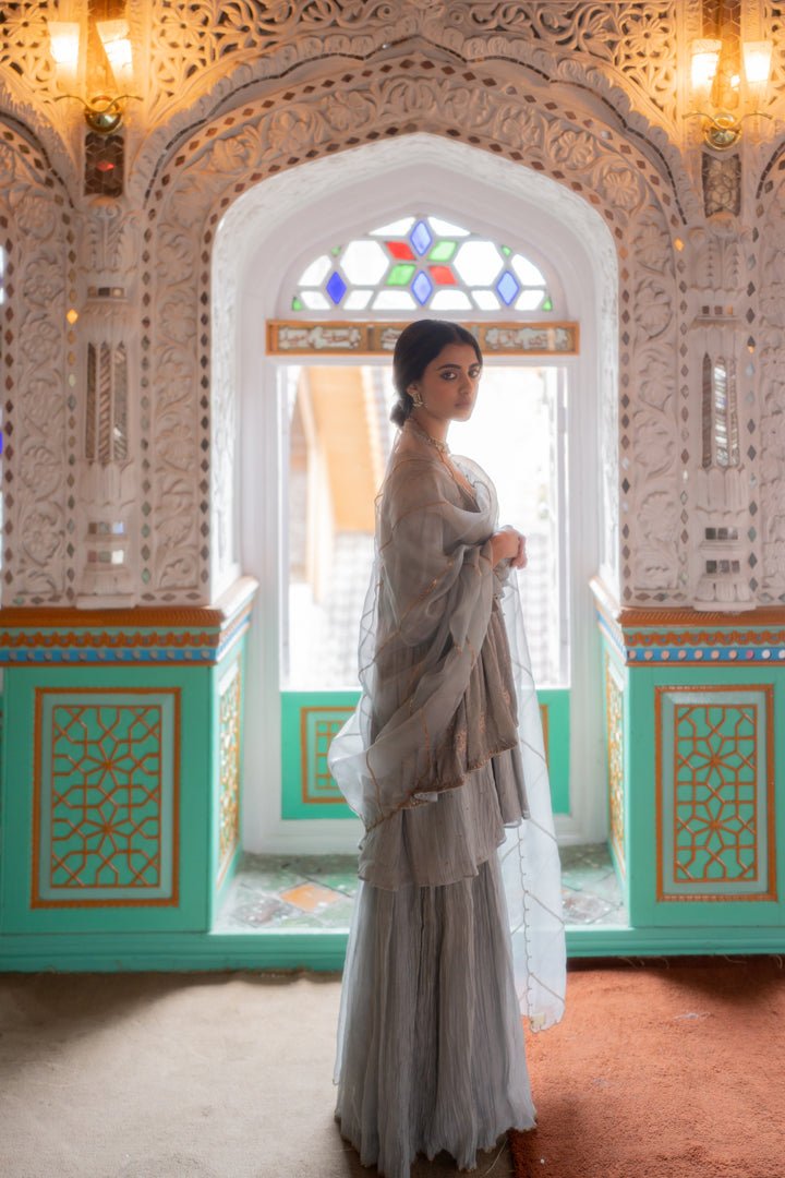 Grey Niloufer Gharara Set - Ciceronikurta set, Festive wearNirjara