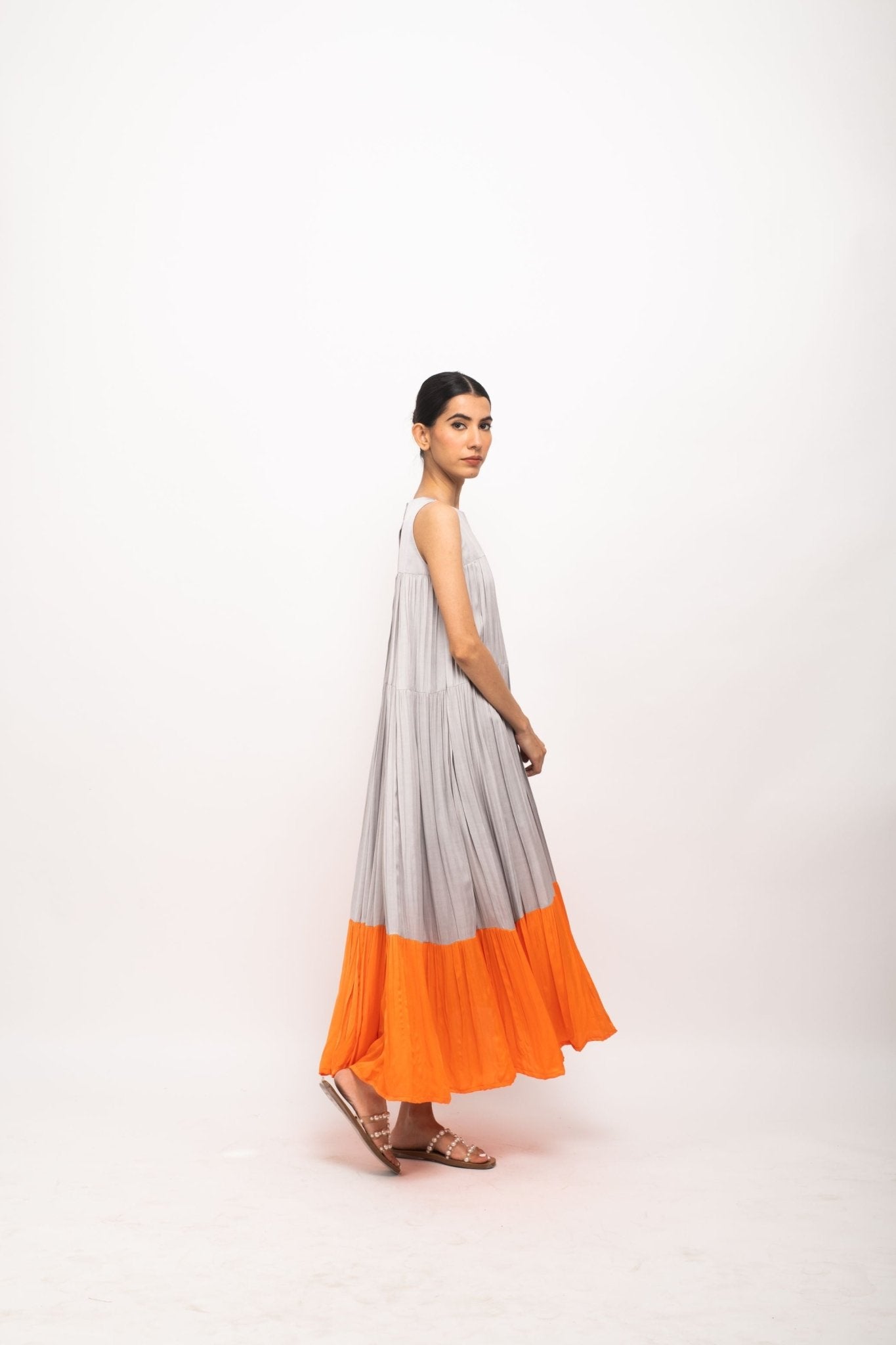 Grey-Orange Halter Neck Dress - CiceroniDressesNeora