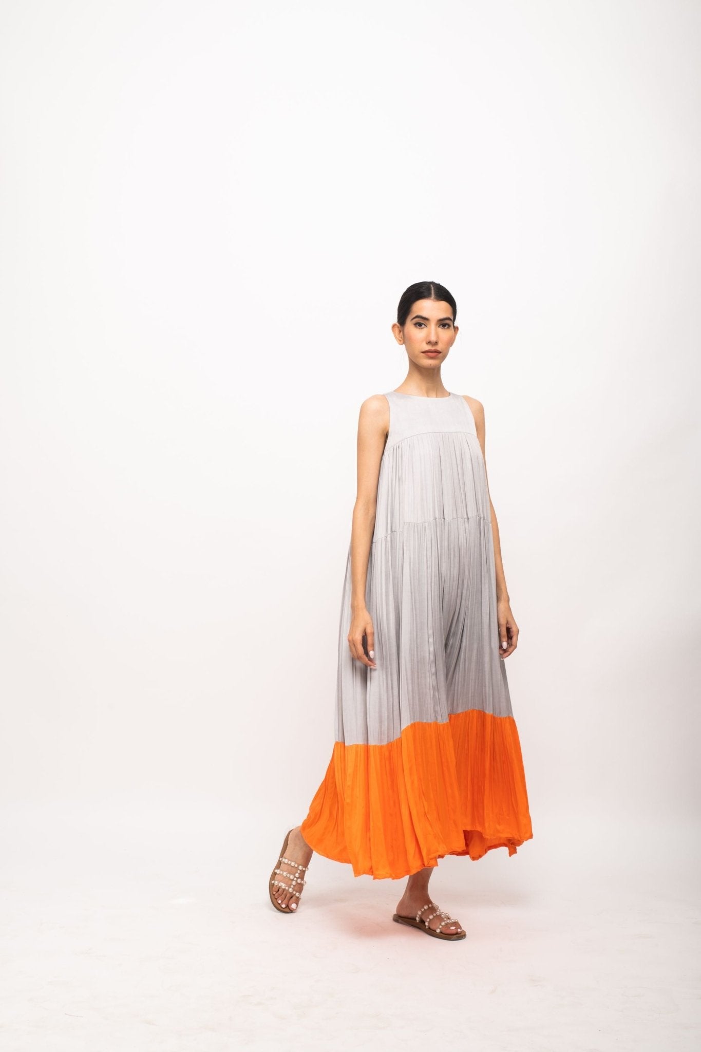 Grey-Orange Halter Neck Dress - CiceroniDressesNeora