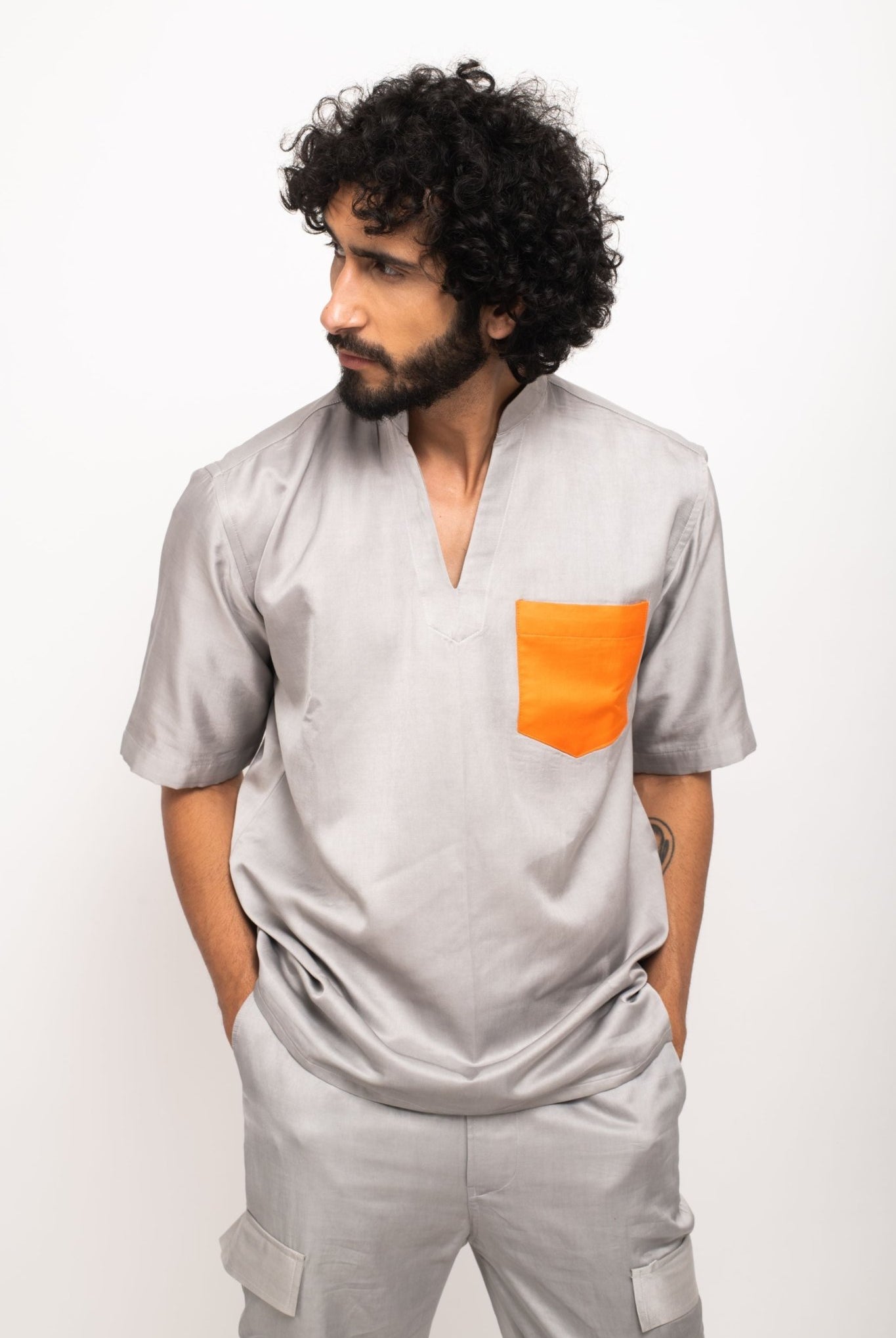 Grey-Orange Pocket Shirt - CiceroniNeora