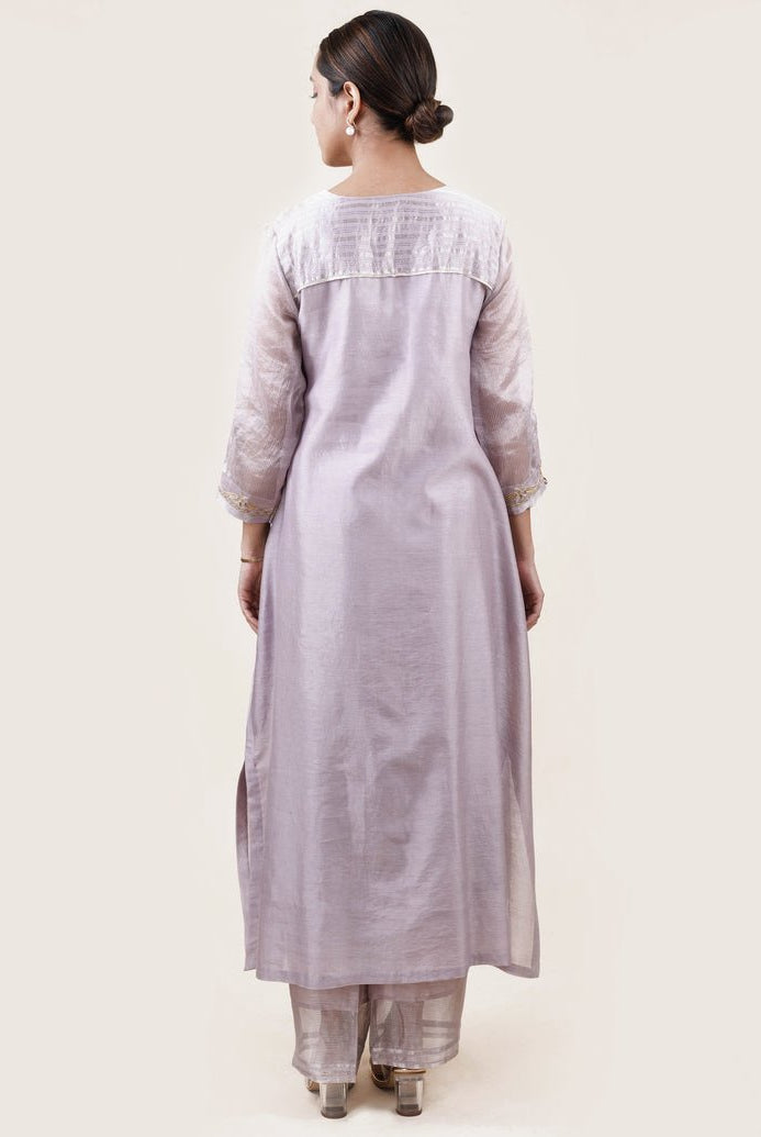 Grey Tissue Stripes/Chanderi Silk - A-line Kurta Set - CiceroniBhavik Shah